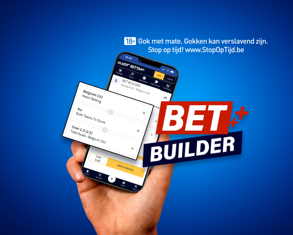 Screenshot of Magic Betting Bet Builder tool on smartphone mockup with 'bet builder title' on blue background.