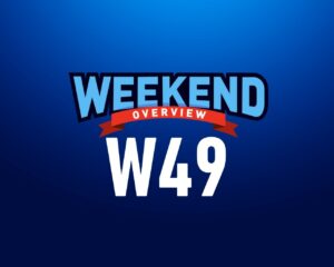 Blue background with 'Weekend Overview W49' title.