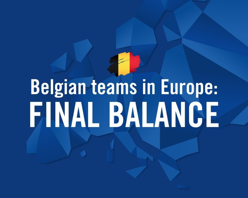 'Belgian Teams in Europe: Final Balance' title on blue background.