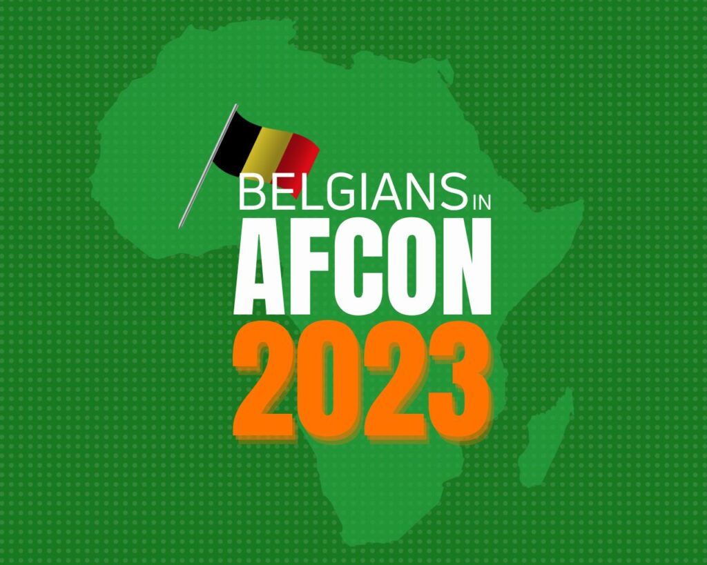 title 'Belgians in Aficon 2023' on a green background with African continent