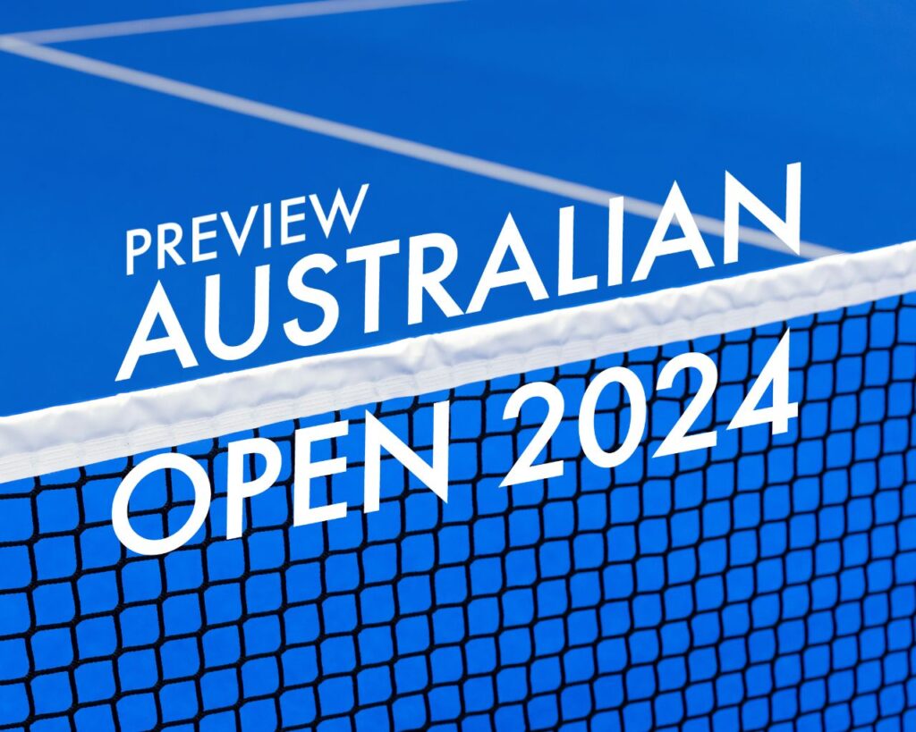 'Preview Australian Open 2024' title on blue background with tennis net.