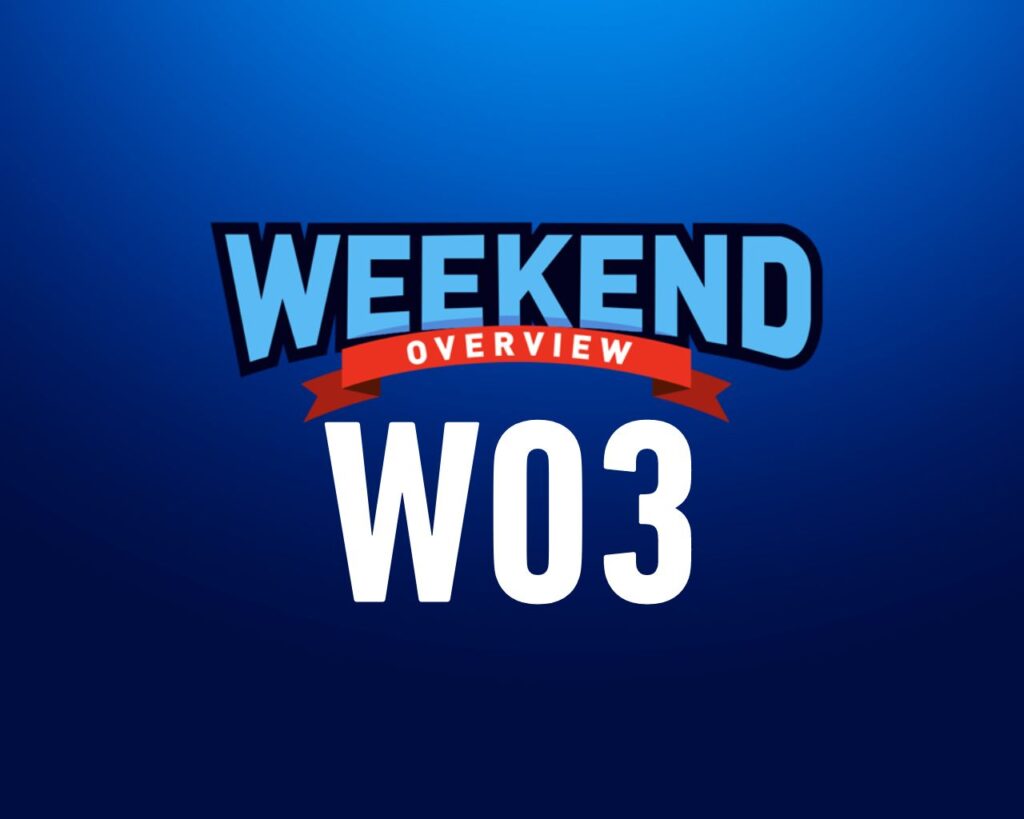 Blue background with 'Weekend Overview W03' title.