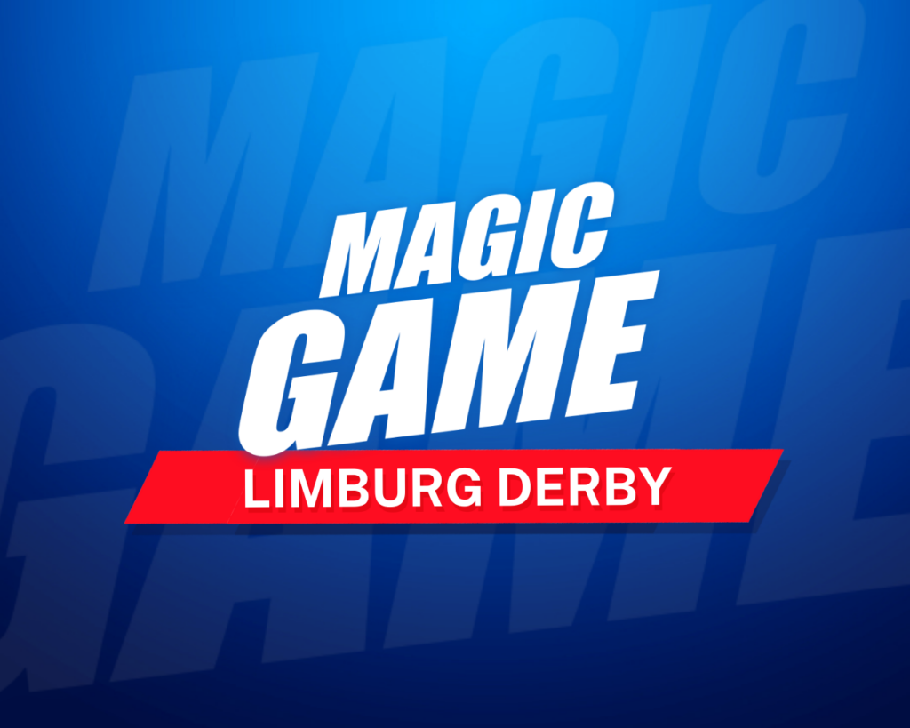 White text 'Magic Game' on blue background with 'Limburg Derby' in red underneath.