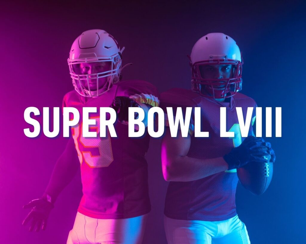 "Super Bowl LVIII" title on a background with two football players