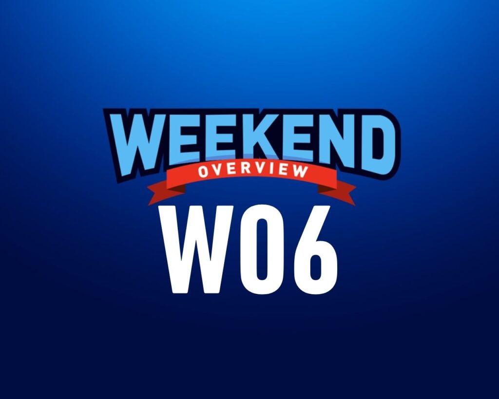 Blue background with 'Weekend Overview W06' title.