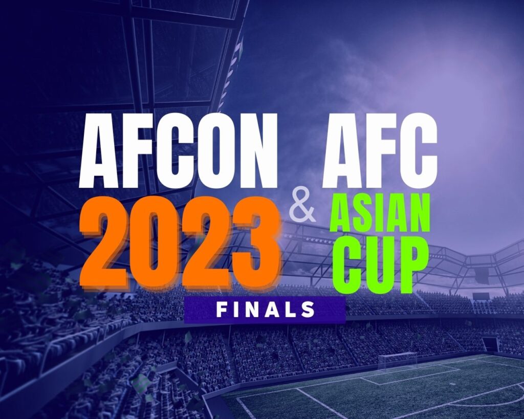 Title "AFCON 2023 & AFC Asian Cup Finals" displayed on a football stadium background.