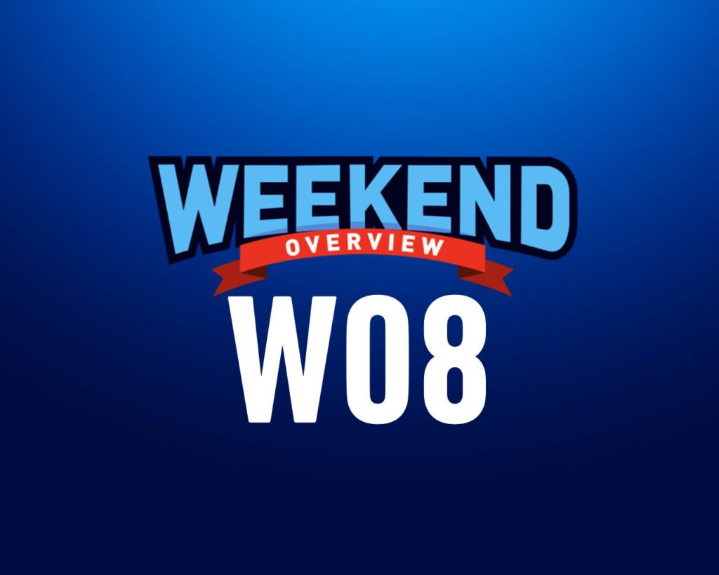 Blue background with 'Weekend Overview W08' title.