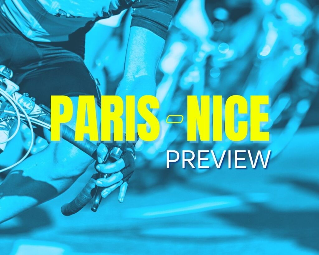 The title "Paris-Nice Preview" on a turquoise background which depicts several cyclists.