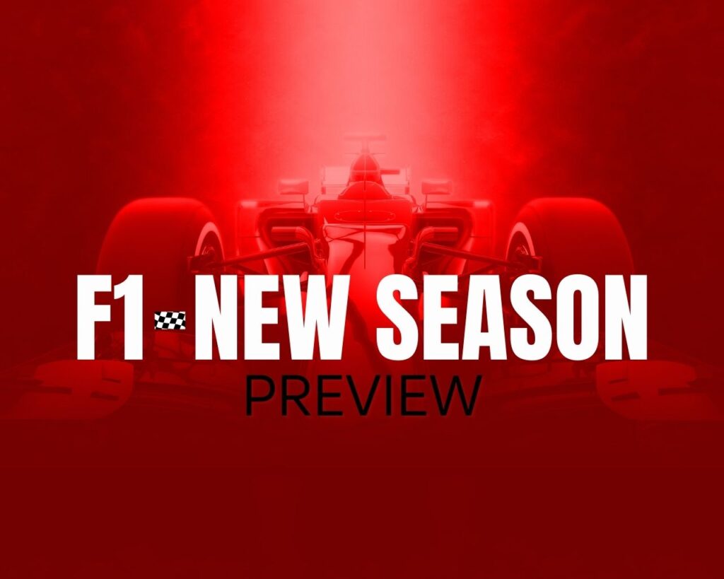 A red background with the title "F1 New Season Preview" and a racing car.