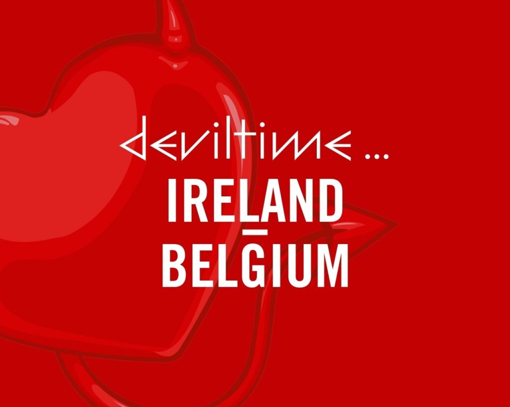 Red background with Belgian Red Devils logo and 'Deviltime Ireland - Belgium' title.