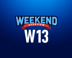 Blue background with 'Weekend Overview W13' title.