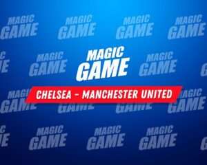 Blue background with repeated 'Magic Game' phrase. Highlighted 'Magic Game' and 'Chelsea - Manchester United' in red below.