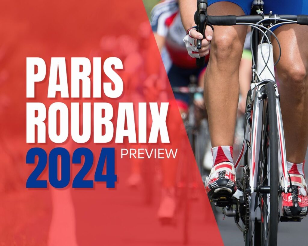 Professional cyclists in a group, with a red overlay on the left. Overlay text: "Paris Roubaix Review 2024."