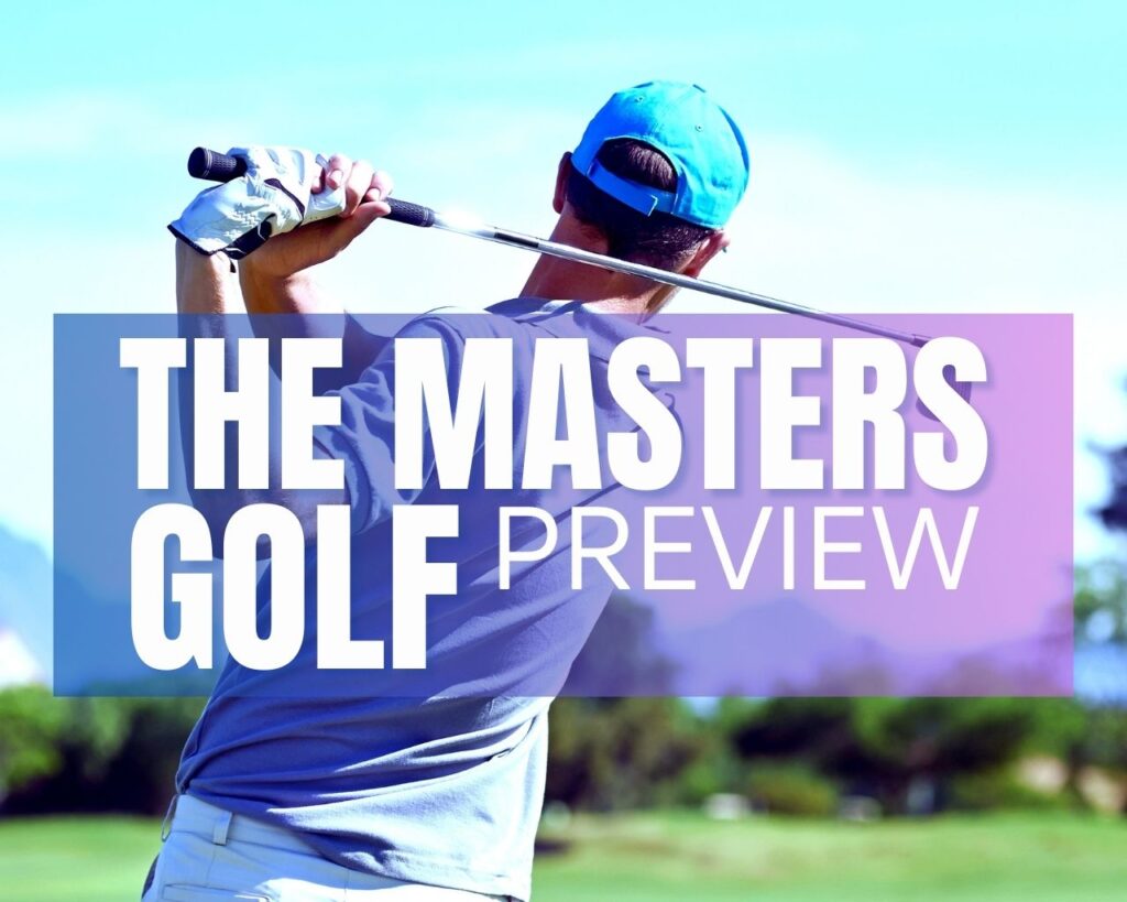 The text 'The Masters Golf Preview' highlighted in violet on a background depicting a golf player.