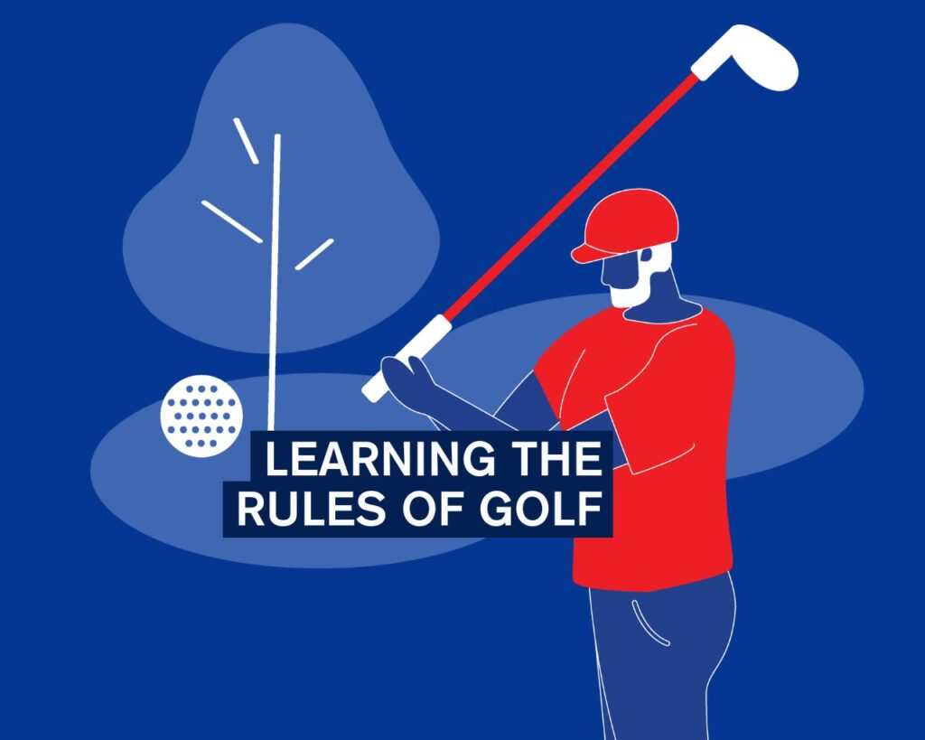 'Learning the Rules of Golf' title on blue background.