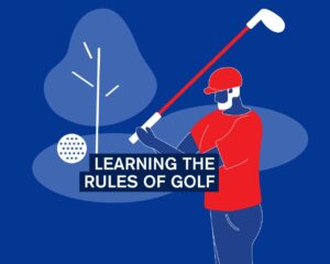 'Learning the Rules of Golf' title on blue background.