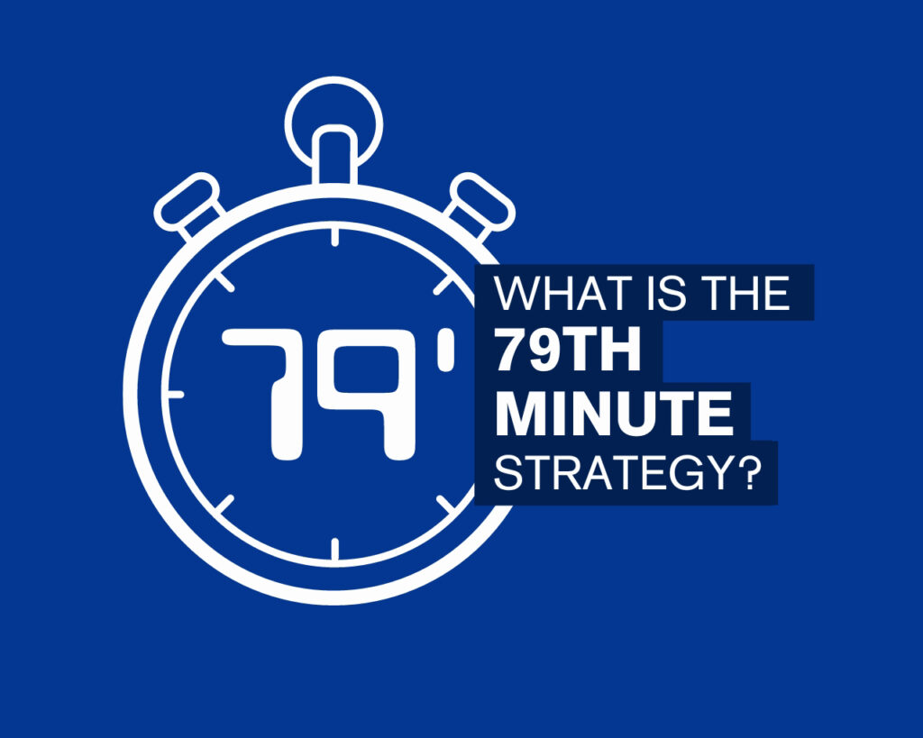 'What is the 79th Minute Strategy?' title on blue background with clock drawing.